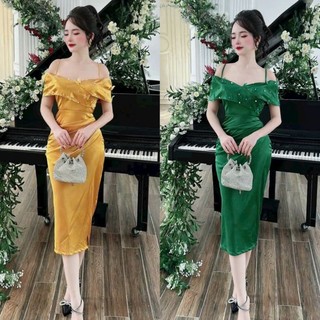 Đầm body thiết kế phi lụa hai dây trễ vai cao cấp tặmg hao tai TN 1