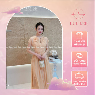 Váy nhún nude cài hoa dáng dài cổ V chiết eo tôn dáng tôn da thiết kế by LUU LEE LV423