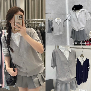 Set Áo Thom Xám Mix Chân Váy Xếp Ly Ngắn (Loại 1) Set Xinh Áo Phối Cổ Sơ Mi Mix Chân Váy Mùa Hè