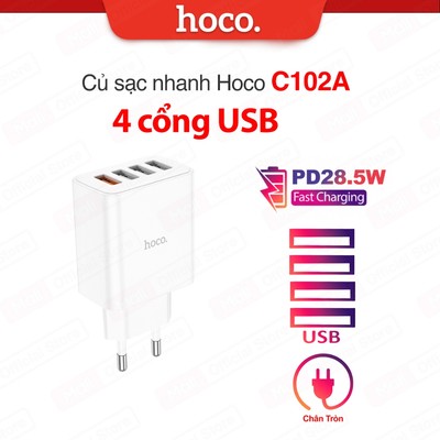 Củ sạc nhanh PD28.5W 4 cổng USB Hoco C102A tương thích dành cho nhiều thiết bị , chân tròn
