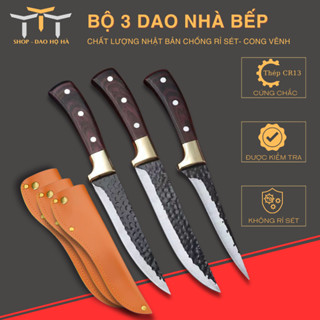 Dao nhà bếp, Dao đi rừng, Bộ dao nhật bản, Bộ 3 dao chống han rỉ - cong vênh ( Tím có bao da )