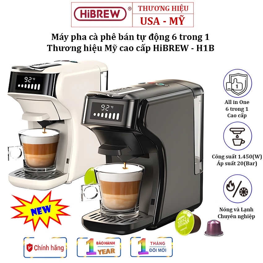 [Bh 1 Năm] Máy pha cà phê Espresso-Viên Nén tích hợp 6 trong 1 Thương hiệu HiBREW Mỹ H1B 1450W