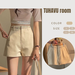 Quần jean/sooc ống suông lưng cao cạp thêu hoa dấu khuy quần