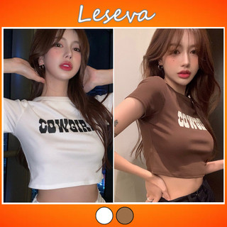 Áo croptop cổ tròn tay ngắn ôm body in chữ Cowgirl phong cách basic Hàn quốc - 385 - Leseva