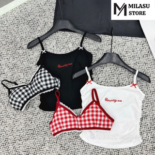 Set áo hai dây nữ kèm bra caro phối ren có mút ngực MILASU 252