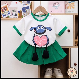 Set váy bé gái 10-28kg, chất cotton mềm mịn mát, chấn váy kèm chip in họa tiết cừu chân rời xinh xắn