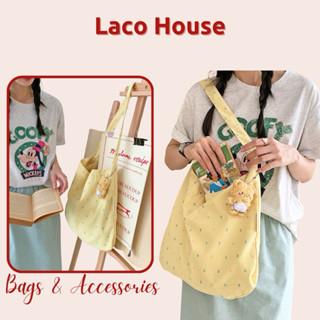 Túi tote vải canvas màu vàng caro và chấm bi 🐣🌻 Túi tote vải đi biển du lịch T110