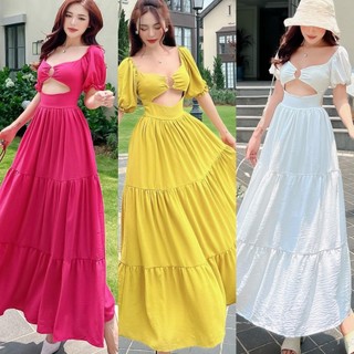[Maxi] Đầm maxi đi biển đũi khoét hồng vàng trắng- Nhà Lỳ Có Maxi