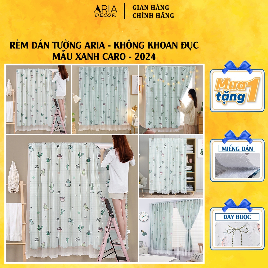 [Video thật+ quà tặng] Rèm cửa dán tường Xanh Caro ARIA DECOR decor phòng, che tủ giày, tủ sách