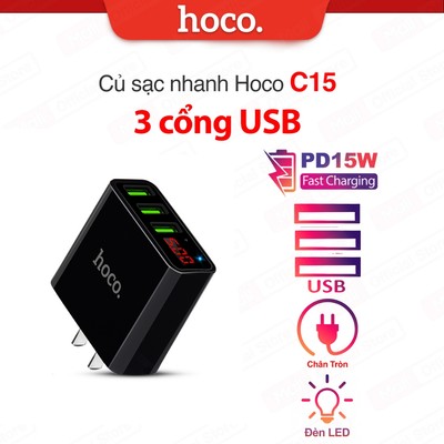 Củ sạc PD15W 3 cổng USB Hoco C15 có đèn Led báo sạc được thiết kế dạng chấu dẹt theo tiêu chuẩn quốc tế, chân dẹt