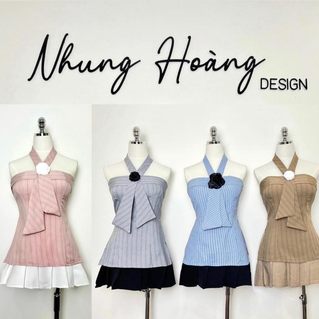 S226 Set áo quây sọc kèm dây cột bông hoa và chân váy xếp ly xoè - MITRUC
