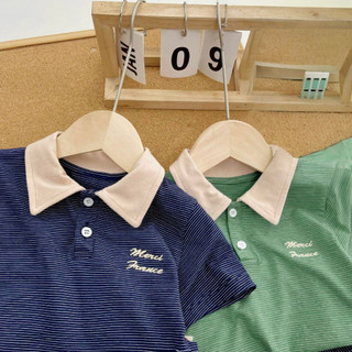  Set thun cộc tay kẻ ngang phối quần cùng màu thiết kế cổ tàu thêu chữ chất cotton siêu mát cho bé từ 9-25kg