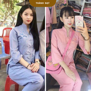 đồ lam nữ, bộ đi chùa, pháp phục lễ chùa  mẫu cổ tàu thêu sen, chất kate loại 1 mịn đẹp dày dặn mặc thoải mái thoáng mát