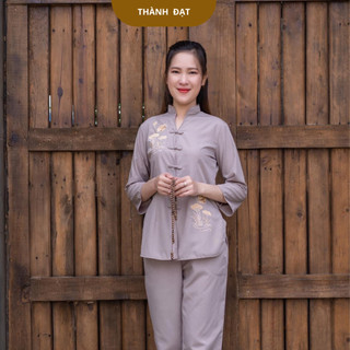 bộ đi chùa nữ, đồ lam nữ, pháp phục  cổ tàu thêu sen chất kate mịn đẹp ko bai ko xù thấm hút mồ hôi mặc thoải mái_ctt