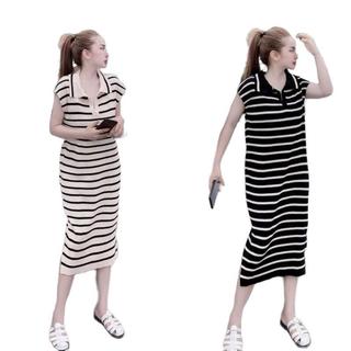 Váy len sọc kem đen cổ bẻ dáng suông mới