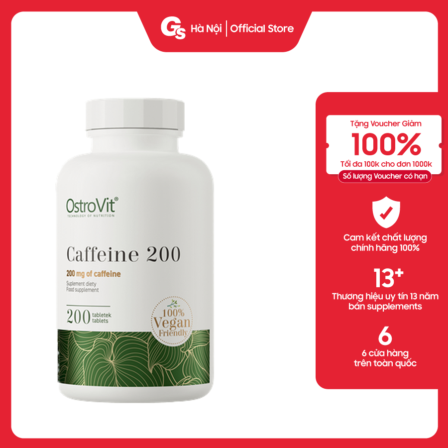Viên uống Ostrovit Caffeine (200mg, 200 Tablets) nhập khẩu Ba Lan phân phối Gymstore tăng hiệu suất luyện tập, tỉnh táo