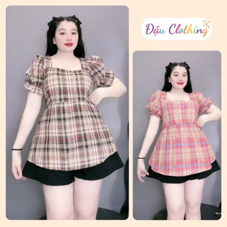  Áo babydoll bigsize sọc caro vintage tay búp phồng nhún bèo lưng chun dễ thương cho nàng Chubby SM27 