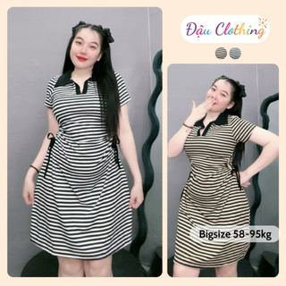 Đầm bigsize sọc ngang cổ sơ mi tay ngắn thiết kế dây rút hai bên eo tôn dáng chất thun gân tăm G75