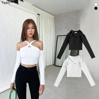 Áo croptop nữ tay dài TOPTIFY khoét vai dây chéo cổ bảng to Santorini Top AC21