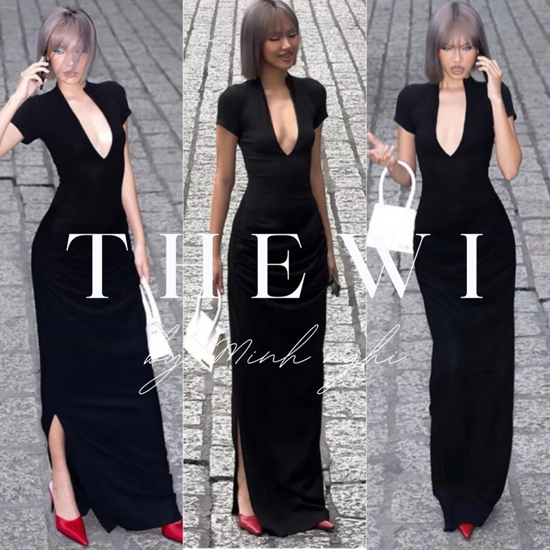 THEWI - Đầm thun ôm body khoét cổ sâu xẻ tà cá tính D356