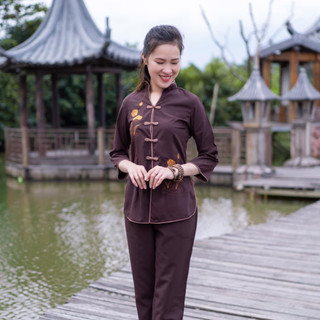 bộ lam nữ, đồ đi chùa cổ tàu nâu thêu viền nâu chất kate mịn đẹp mặc trẻ trung duyên dáng