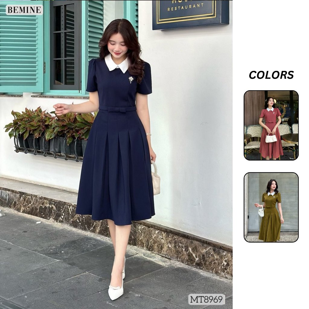 Đầm thiết kế cổ sen eo đính nơ tùng xếp ly BEMINE MT8969