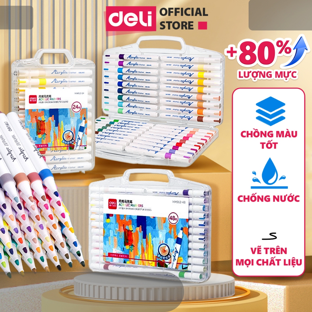 Bút Sơn Acrylic Marker Deli THÊM 80% MỰC - 12/24/36/48/64 Màu Tô Vẽ Trên Mọi Chất Liệu Giày Vải Cốc