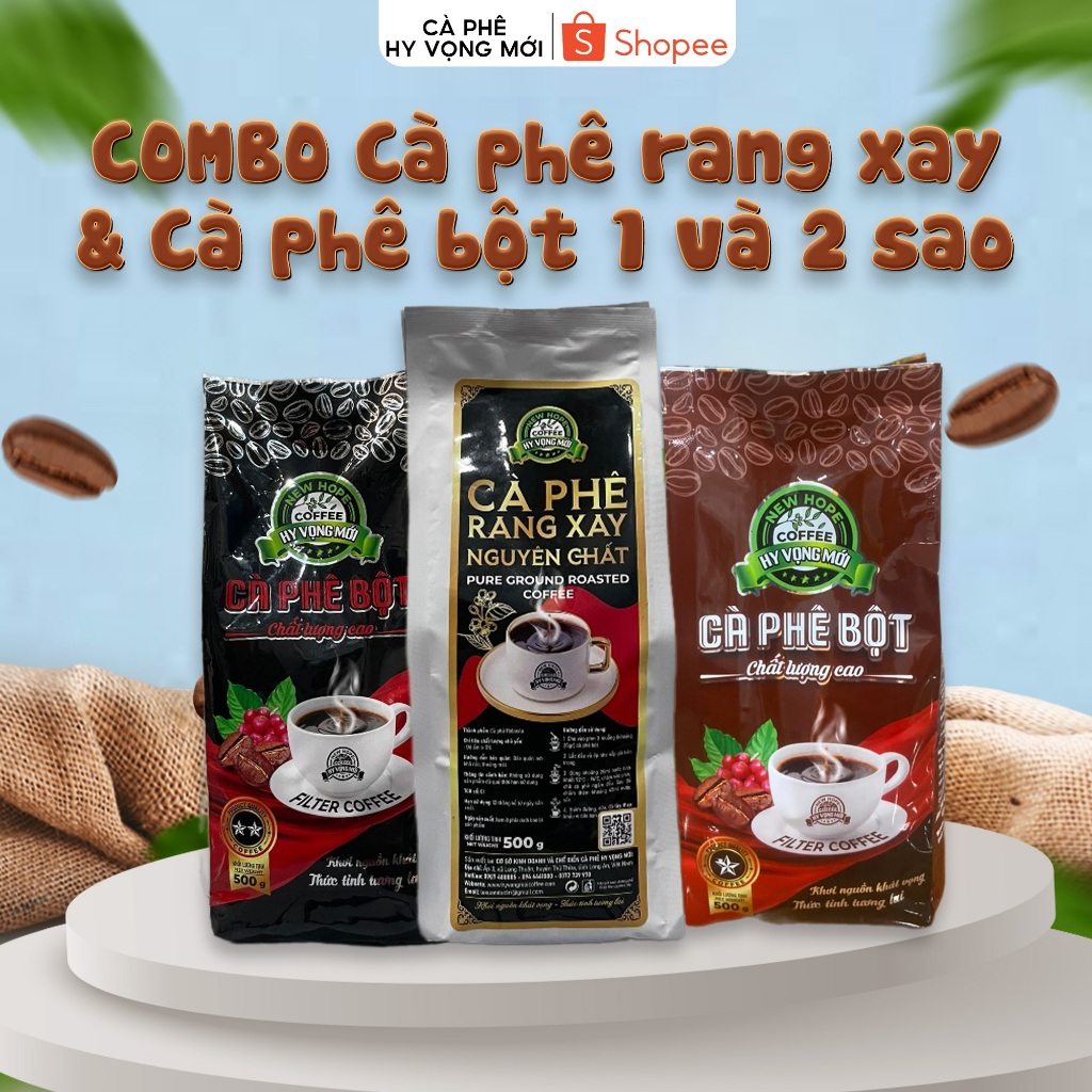 COMBO Cà phê rang xay nguyên chất + Cà phê bột 1 sao + Cà phê bột 2 sao + (500g) – Cà phê Hy Vọng Mớ