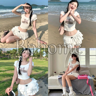 Set áo croptop in hình y2k kèm chân váy 4 tầng đính nơ, có bigsize Bohome