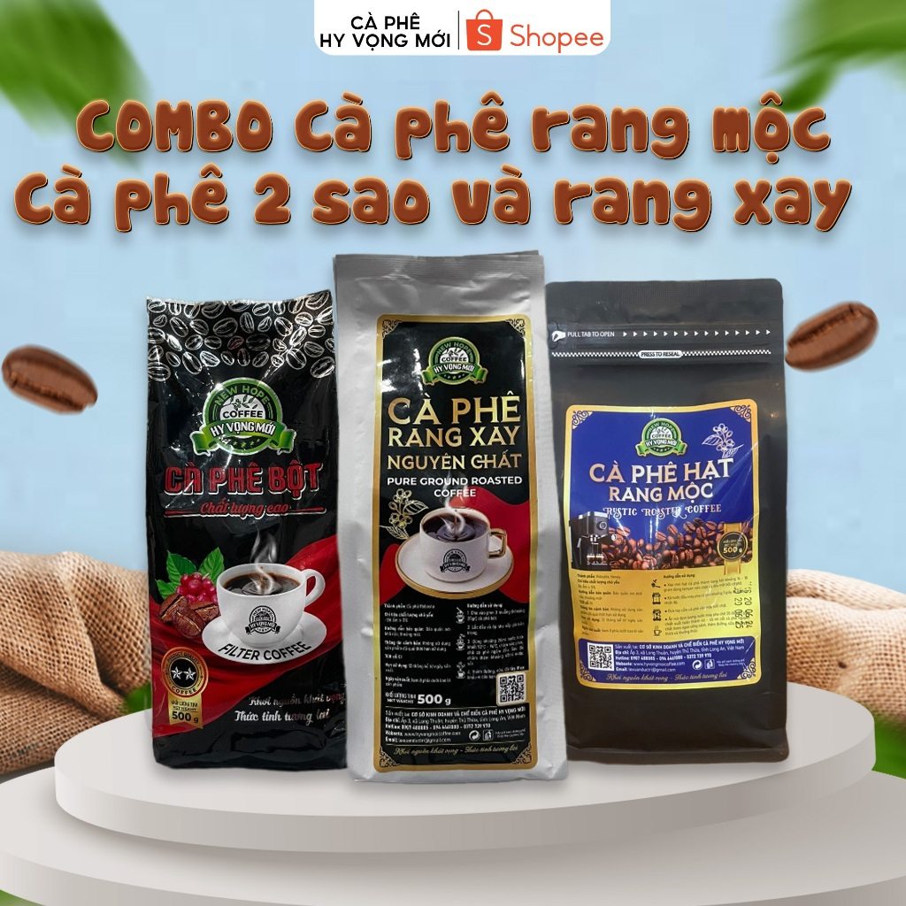 COMBO Cà phê hạt Robusta rang mộc + Cà phê bột rang xay + Cà phê bột 2 sao 500g – Cà phê Hy Vọng Mới