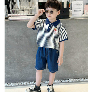  Set cộc polo kẻ in hình gấu cute vải cotton thoáng mát phối quần jean cá tính cho bé từ 9-30kg 24B015