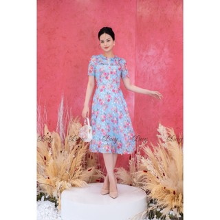 Đầm thiết kế Vivian 8570 Váy Lucy voan tơ ép gấm cổ phối bèo xếp ly