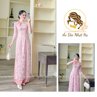 Áo Dài Cách Tân Gấm Hoa Gắn Nơ Cổ Tròn Màu Hồng Dịu Dàng Nữ Tính, Thiết Kế Siêu Hot 2024