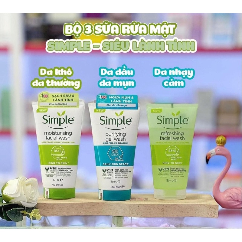 Sữa Rửa Mặt Simple, SRM Simple, Gel Rửa Mặt Cho Da Dầu Mụn Dưỡng Ẩm Da Khô, Nhạy Cảm Dịu Nhẹ Chính H