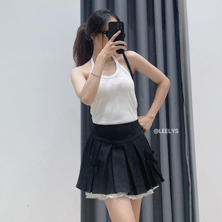Chân váy ngắn xếp ly phối ren 2 nơ trc ( Simple 6620 )