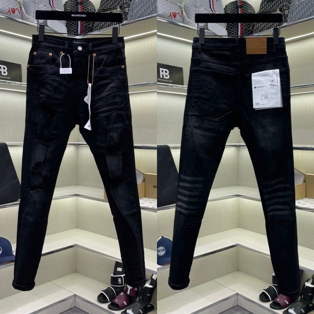 Quần jean bò nam Purple skinny đen xám wash rách xước dọc đùi dập nhăn 3D ống 4 cúc mác lụa treo QJ564P