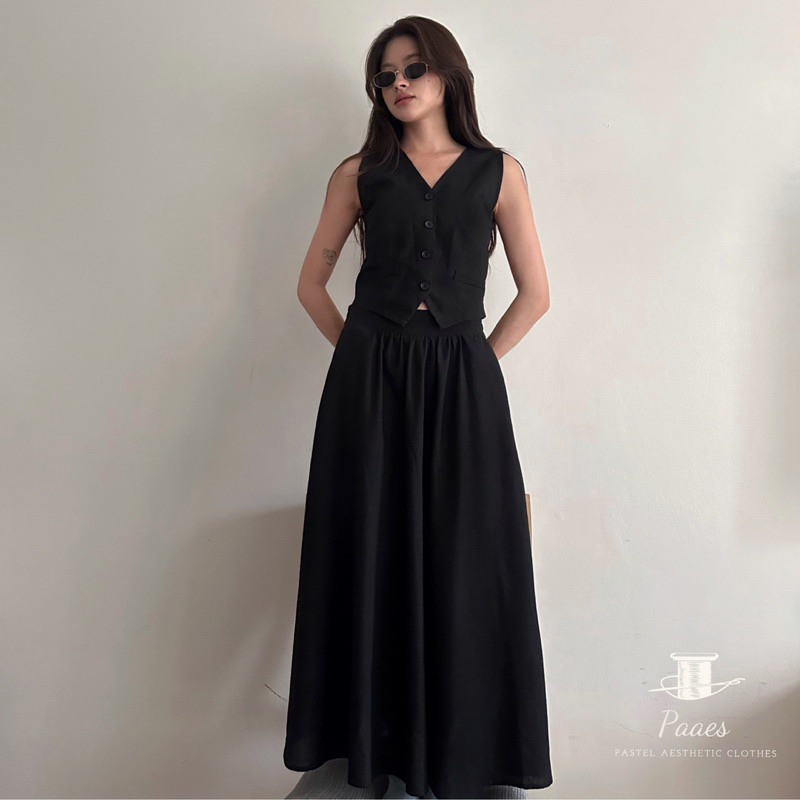 ✿Deliah set✿ Set áo gile và chân váy PAAES linen màu đen thanh lịch tối giản [ảnh tự chụp]