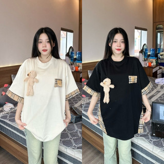 Áo Phông Burberry Thêu Gấu Phối Tay Lệch Màu Kẻ, Áo Thun Burberr Cộc Boy Phố Cứng Cáp Phong Thái HotTrend -Titifa Shop