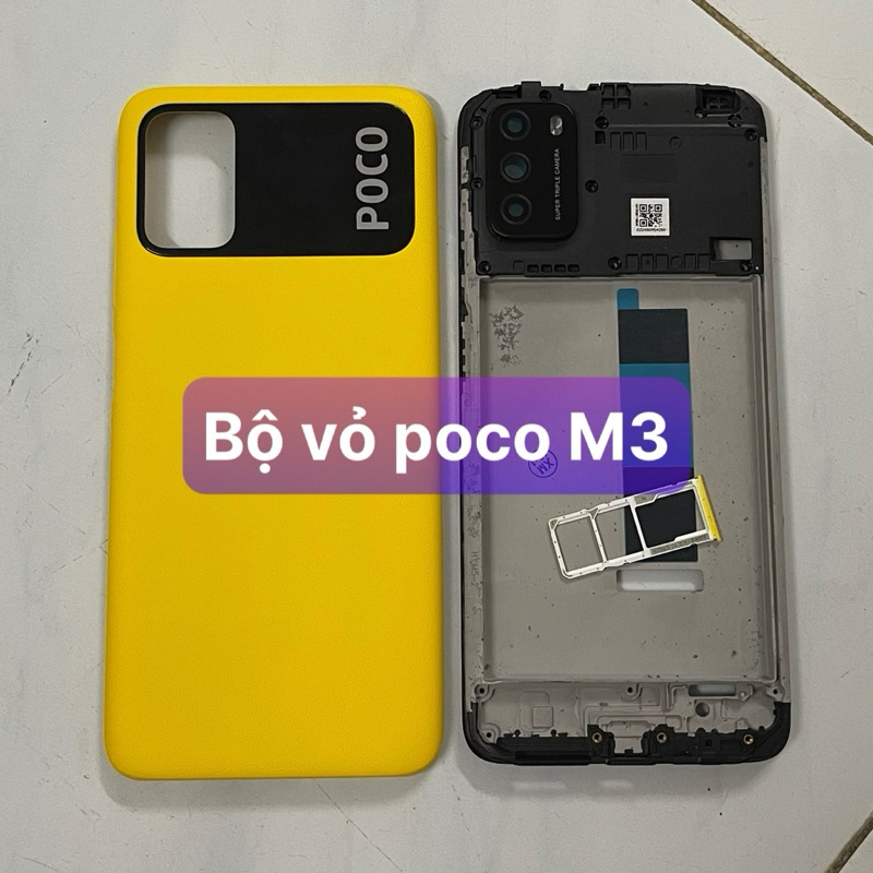 bộ vỏ Poco M3 kèm khay sim,phím,kính camera