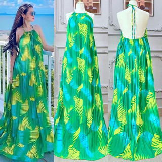 [Maxi] Đầm maxi dập ly lá xanh hoạ tiết váy đi biển  -Nhà Lỳ Có Maxi