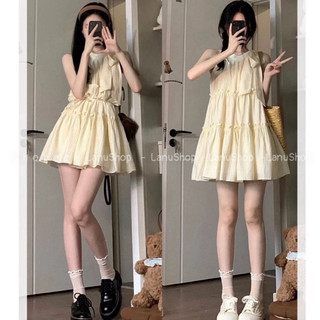 [LanuShop]* Váy xuông xoè 3 Tầng cổ Yếm NƠ, Đầm Mặc 2 kiểu 2 lớp Siêu Xinh