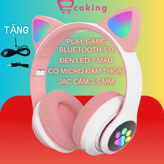 tai nghe bluetoth 5.0 mèo AKS-28 ECOKING,có micro trò chuyện,jăc cắm lúc hết pin,có đèn LED 7M,thẻ TF âm thanh nổi pin