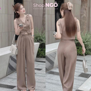 Set bộ đồ nữ công sở chất cotton lạnh áo gile sát tay cột nơ quần dài suông 1 màu nâu tây thanh lịch sang trọng