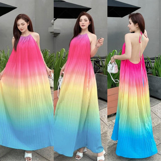 Đầm maxi đi biển loang dập ly cổ yếm màu hồng mẫu mới - Maxi Ngọc Lan