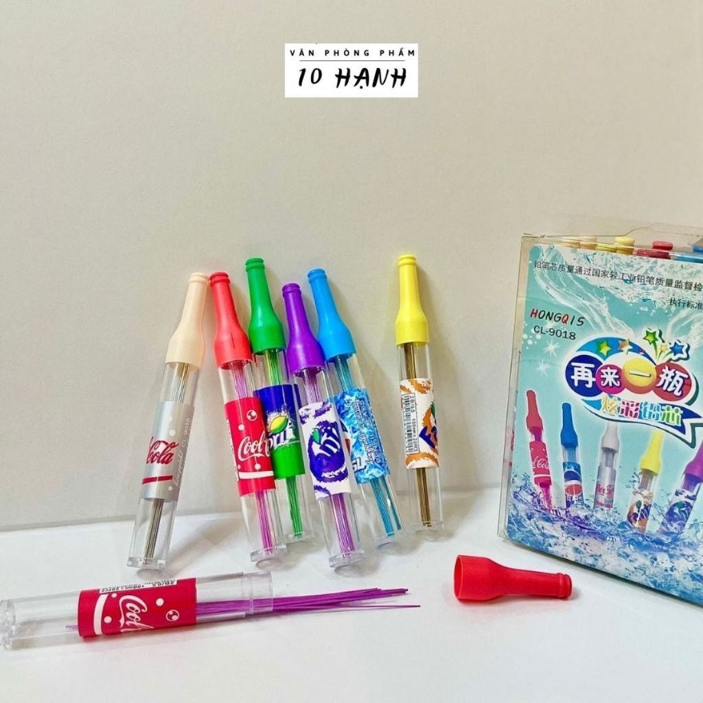 [9018] HỘP 24 TUÝP Ruột / Ống Chì Bấm 2B Ngòi 0.5mm nhiều màu sắc hình dạng lon nước ngọt Coca, Pess