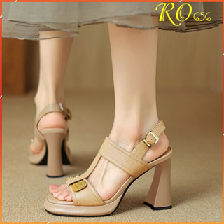 Giày sandal nữ cao gót 8 phân hàng hiệu rosata hai màu nâu kem thời trang cao cấp ro656