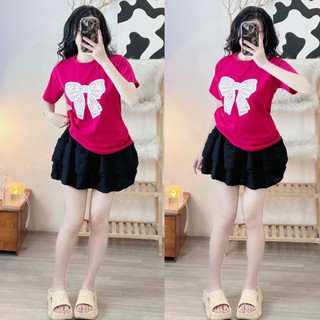 Áo thun tay ngắn in hình nơ to ren cực xinh , chất thun coton mềm mát