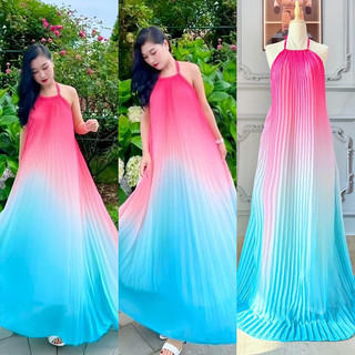 [Maxi] Đầm maxi cổ yếm dập ly loang hồng xanh mẫu mới -  Nhà Lỳ Có Maxi