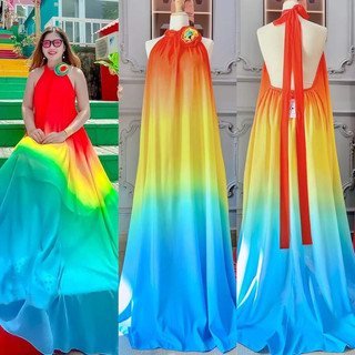 [Maxi] Váy maxi đi biển loang màu trơn hoa cổ -   Nhà Lỳ Có Maxi