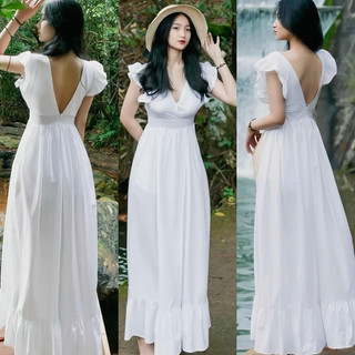 [MAXI] Đầm maxi đi biển váy maxi trắng xẻ cánh tiên có ảnh thật và video